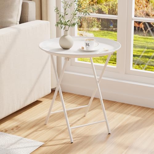 Garden 4 you Folding TV Tray Table, Metal Round Side Table, White Dinner Table with Metal Frame, Modern Outdoor Tray Table for Living Room, Bedroom, Patio & Small Spaces, 1 Pack - color: White, size: 1 PC