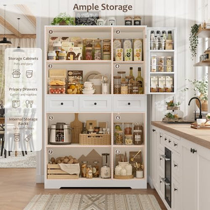 HOSTACK 67"H Farmhouse Kitchen Pantry Storage Cabinet with 3 Drawers, White | Large Food Pantry Cabinet with Swing-Out Door Rack & Adjustable Shelf for Kitchen, Dining room, Living room - color: White