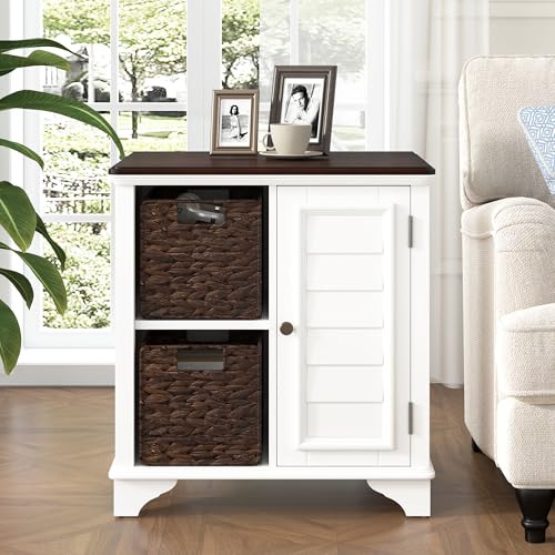 Multifunctional End Table Side Table with a Shutter Style Door and 2 Woven Grass Baskets, Sofa Side Narrow Table, Wood Bedside Nightstand for Living Room Bedroom (White-4.7) - color: White-4.7