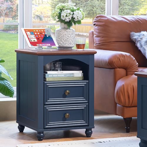 RWYHG 18" Night Stand with Charger Station, Nightstand with 2 Drawers | Farmhouse Modern Bedside Table, Open Storage Shelf, Solid Wood Legs, Blue Bed Side End Tables for Bedroom Living Room - color: Navy Blue, size: 18"D x 18"W x 24"H (2 Drawers)