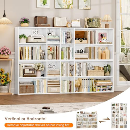 FOTOSOK 71'' Tall Bookshelf with 14 Cubes, 7 Tier Double Wide White Bookshelf with 6 Adjustable Shelves, 19.6" Narrow Bookcase DVD/CD Media Storage, Space Saving Display Shelf Cabinet, White - color: White
