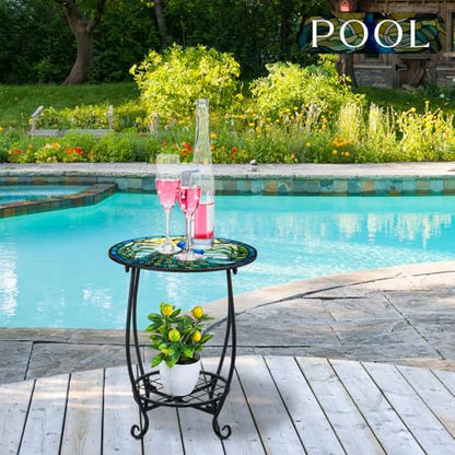 Cinnvoice Outdoor Side Table Round Small Mosaic Patio Accent Indoor End Plant Coffee Tea Table for Yard Patio Porch Garden Living Room, Bedroom(Peacock Style,16 Inch) - size: 16 Inch, style: Peacock Style