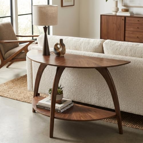 Martin Svensson Home LAX Mid Century Wood Sofa Console Table, Walnut Brown | Retro Modern, Half-Moon Table with Lower Shelf, for Living Room or Entryway - color: Walnut Brown