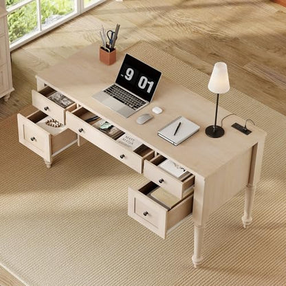 WAMAPT Elegant Executive Desk with Storage, Farmhouse Writing Desk with Charging Station, Wood Home Office Desk with Drawer, Cabinet & Shelf for Study, 56 Inch, Beige - color: Beige