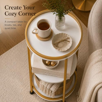 Dulcii Round Side Table with Storage Tray for Living Room, 15" L x 15" W x 24" H Bedroom Nightstand 3 Tiers Bedside Table with Steel Frame for Small Spaces (White & Gold) - color: White + Gold, style: Classic