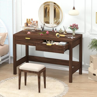 YOMILUVE Fluted Computer Desk with 2 Drawers, 39 Inch Small Computer Desk with Storage, Compact Writing Study Desk for Small Spaces, Walnut - color: Walnut