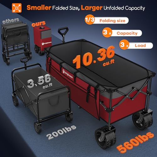 Originsure 300L Foldable Beach Wagon Cart with Big Wheels, 560lbs, Grey&Red | 48" Folding Utility Wagon,7" All-Terrain Wheels,Heavy Duty Frame,Compact&Space-Saving,for Camping,Sports,Grocery,Garden - color: Red&grey
