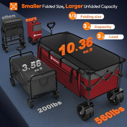 Originsure 300L Foldable Beach Wagon Cart with Big Wheels, 560lbs, Grey&Red | 48" Folding Utility Wagon,7" All-Terrain Wheels,Heavy Duty Frame,Compact&Space-Saving,for Camping,Sports,Grocery,Garden - color: Red&grey