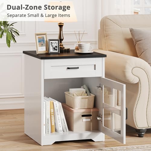 Farmhouse End Table Set of 2, 18" Square Side Table with Drawer and Barn Door Storage, Wood Couch Side Table for Living Room, Bedroom, White - size: 2PCS