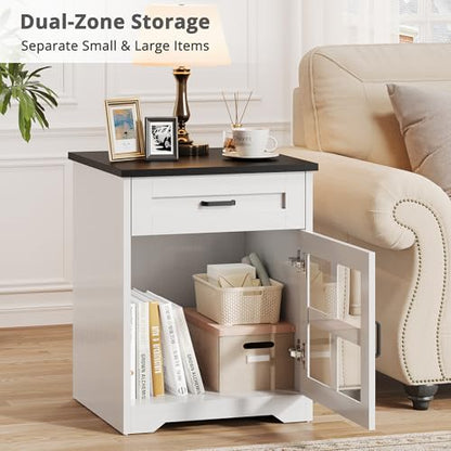 Farmhouse End Table Set of 2, 18" Square Side Table with Drawer and Barn Door Storage, Wood Couch Side Table for Living Room, Bedroom, White - size: 2PCS