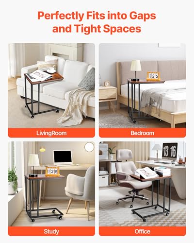 VEVOR C Table, C Shaped Sofa Side Table with Metal Frame Rolling Casters, Portable C Shaped End Stand for Living Room Bedroom Office, 19.69 x 13.78 x 23.82 inches Laptop Side Tables, Brown and Black - style: Normal