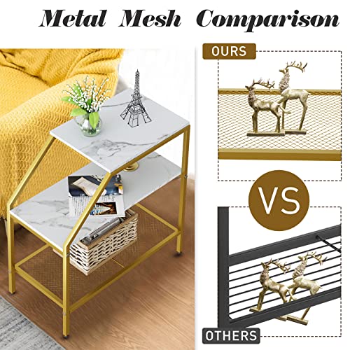 Wolawu End Table 3 Tiers 2pcs White Marble Wood Nightstand with Storage Ladder Shelf,Industrial Sofa Side Table for Small Space, Modern Trapezoid Plant Stand in Living Room Bedroom,Gold Metal Frame - color: White Marble