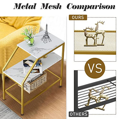 Wolawu End Table 3 Tiers 2pcs White Marble Wood Nightstand with Storage Ladder Shelf,Industrial Sofa Side Table for Small Space, Modern Trapezoid Plant Stand in Living Room Bedroom,Gold Metal Frame - color: White Marble