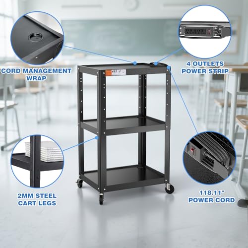 3 Shelf Metal Utility Cart with Wheels & Power Strip - Steel Mobile AV Cart for Video Projector, TV, Laptop, Computers, Printers - Height Adjustable Media Carts for Office Classroom Warehouse - style: AV Cart without Keyboard Tray (AV-JS)