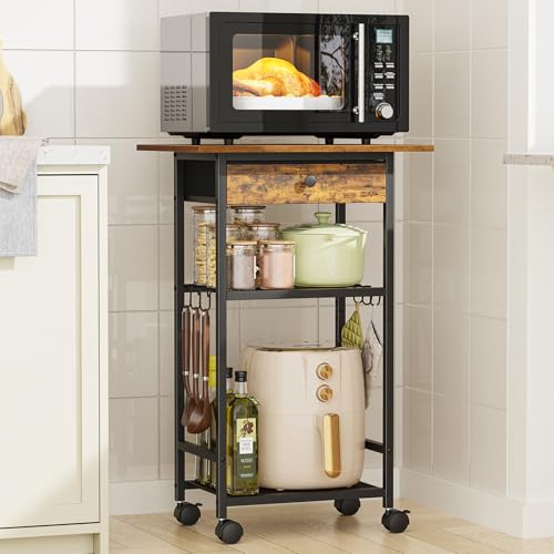 Microwave Cart, 4-Tier Microwave Stand with Adjustable Shelf | Kitchen Storage Cart on Wheels, Coffee Bar Cart Shelf for Living Room, Kitchen Island, Office, Balcony, Rustic Brown - color: Rustic Brown, size: 4-Tier with Drawer (15.7"W)
