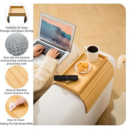 Bamboo Couch Arm Tray Table，Foldable Sofa Armrest Tray Table for Couch，Flexible and Anti-Slip Couch Arm Cup Holder，Portable Sofa Arm Chair Table for Drink,Cups, Eats，Snacks, Phone, Remote - color: Bamboo