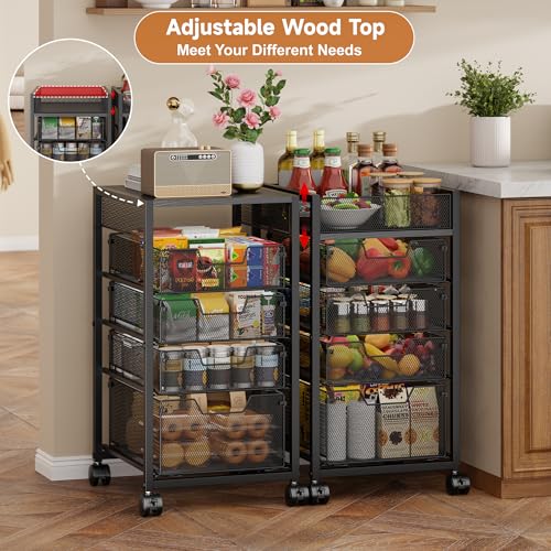 5-Tier Kitchen Utility Storage Cart with Adjustable Wood Top (Tabletop or Basket), Fruit Vegetable Storage Rack with Wheels & Drawers, Metal Rolling Pantry Cart, Kitchen Organizer for Snack Can Potato - size: 5-Tier Top Adjustable