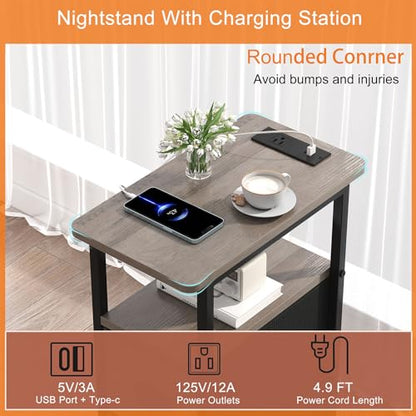 sthmec Narrow End Table with Charging Station, Narrow Side Table with 2 Fabric Drawers, Slim Nightstand, Skinny Bedside Table, Small Side Table for Small Spaces, Living Room, Bedroom, Grey - color: Grey, size: 7.87'' W x 15.75'' D x 24.37'' H, style: Powe
