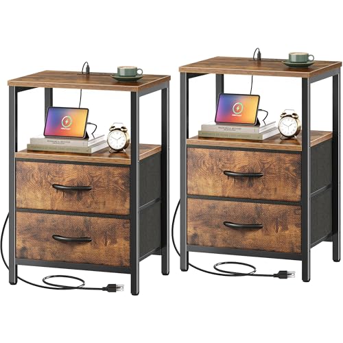 Huuger Nightstands Set of 2, End Tables with Charging Station, Fabric Drawers, Bedside Tables with USB Ports and Outlets, Night Stands for Bedroom, Rustic Brown - color: Rustic Brown, size: 11.8"d X 15.7"w X 23.6"h (2 Drawers)