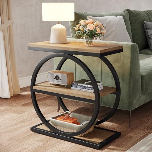 Tribesigns Side End Table with 3 Storage Shelves, Industrial Sofa Table with Round Metal Frame for Living Room, Engineered Wood Nightstand for Bedroom, Oak - color: Oak