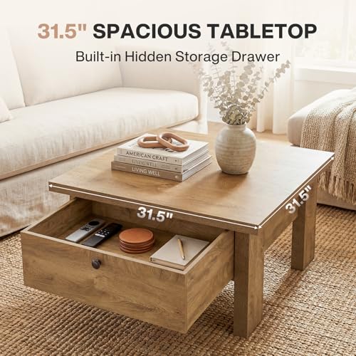 Tribesigns 31.5" Coffee Table, Farmhouse Coffee Table with Storage Drawer, Square Center Table for Living Room & Small Spaces, Brown