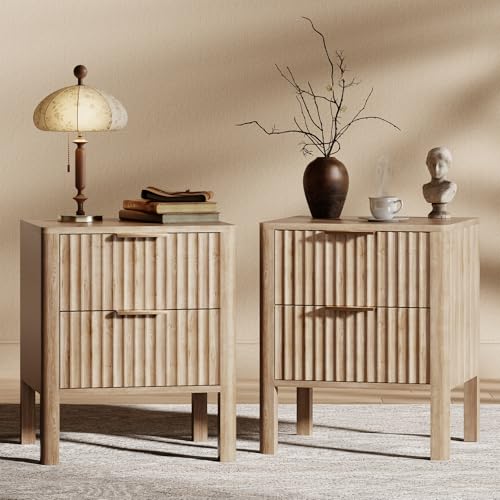 MODNEST 18" Fluted Nightstands Set of 2, Bed Side Tables Oak | Mid Century Modern Night Stand with Drawers for Bedroom Wood Nightstand Small End Table Bedroom Set - color: Oak, size: 15.7"D x 17.7"W x 20.7"H (2 Drawers)