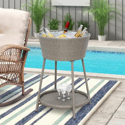 ABBLE Wicker Patio Ice Cooler Table Cool Bar Outdoor Patio Furniture Side Table with Beer and Wine Cooler Grey