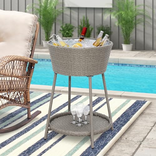 ABBLE Wicker Patio Ice Cooler Table Cool Bar Outdoor Patio Furniture Side Table with Beer and Wine Cooler Grey