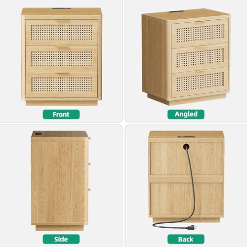 Kalrin Rattan Nightstand with Charging Station, 3 Drawers, Light Oak | 3 Drawers End Table with Storage, Wood Bedside Tables, Boho Larger Night Stand for Bedroom Office - color: Light Oak