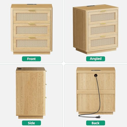 Kalrin Rattan Nightstand with Charging Station, 3 Drawers, Light Oak | 3 Drawers End Table with Storage, Wood Bedside Tables, Boho Larger Night Stand for Bedroom Office - color: Light Oak