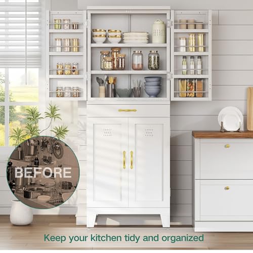 YITAHOME 71" Metal Pantry Cabinet with Drawer, Shelves & Door Racks, White | Tall Freestanding Steel Cupboard with 4 Doors, 8 Racks & Adjustable Shelves for Kitchen and Dining Room