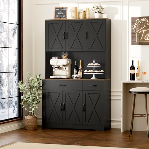 HOSTACK 71" Pantry Cabinet with Charging Station, Tall Kitchen Pantry Storage Cabinet with Microwave Stand, Farmhouse Kitchen Hutch with Storage Drawers for Living Room, Dining Room, Black - color: Black/Rustic Brown