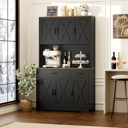 HOSTACK 71" Pantry Cabinet with Charging Station, Tall Kitchen Pantry Storage Cabinet with Microwave Stand, Farmhouse Kitchen Hutch with Storage Drawers for Living Room, Dining Room, Black - color: Black/Rustic Brown