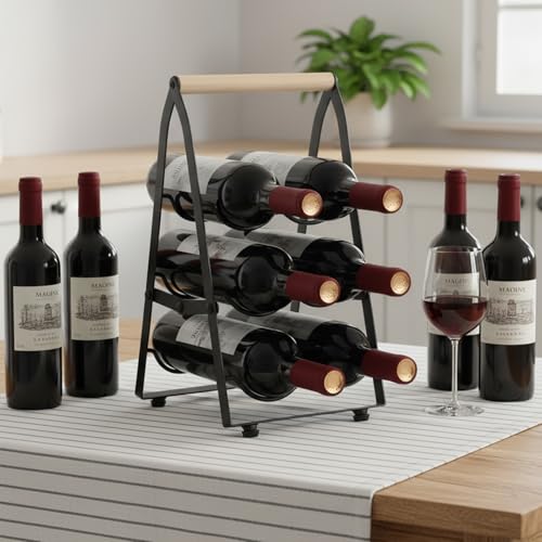 6 Bottle Wine Rack Countertop Black Metal Freestanding Wine Bottle Holder Stand Organizer for Kitchen, Cabinet, Pantry Storage, No Assembly Required