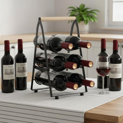 6 Bottle Wine Rack Countertop Black Metal Freestanding Wine Bottle Holder Stand Organizer for Kitchen, Cabinet, Pantry Storage, No Assembly Required