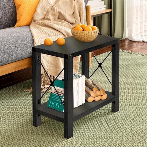 GAZHOME Farmhouse End Table for Small Spaces, Set of 2,Narrow Side End Table with Storage Shelf, Rustic X-Design Nightstand Sofa Table for Living Room, Bedroom Black - color: Black Oak