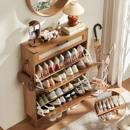LEYAOYAO Shoe Cabinet Storage for Entryway with 2 Flip Drawers Rack Narrow Organizer Slim Hidden Wood Shoe Cabinet Furniture Tea Brown - color: Tea Brown