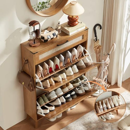 LEYAOYAO Shoe Cabinet Storage for Entryway with 2 Flip Drawers | Rack Narrow Organizer Slim Hidden Wood Shoe Cabinet Furniture - color: Tea Brown