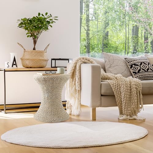 Casafield Hourglass Side Table, Whitewash White, Water Hyacinth Round End Table, Boho Woven Wicker Accent for Bedroom, Living Room, Office, Entryway - color: Whitewash - Hyacinth