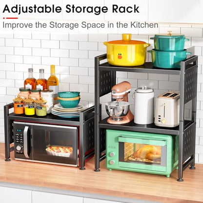 Microwave Stand, 3-Tier Expandable(17.4"- 27.4") Heavy Duty Adjustable Shelf Microwave Oven Rack, Kitchen Countertop Organizer and Storage with 9 Hooks & Cutting Board Holder, Holds up 180 lbs, Black - style: 3 Tier-Black