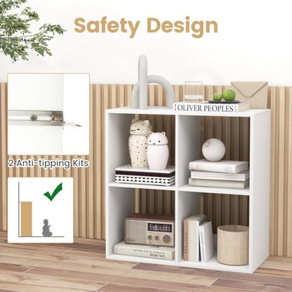 4 Cube Storage Organizer, 2 Tier Floor Standing Bookcase, Small Bookshelf for Small Spaces, Wooden Open Display Shelf for Living Room, Bedroom, Study, White Bookshelf with Open Back - size: 4 Cubes
