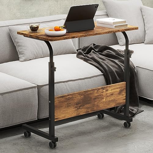 Side Table, 31.5in Adjustable Laptop Stand Portable Cart Tray Bedside Computer Table, Sofa Side Bed Table with Wheels, Rustic Brown - color: Rustic Brown, size: 31.5 inches