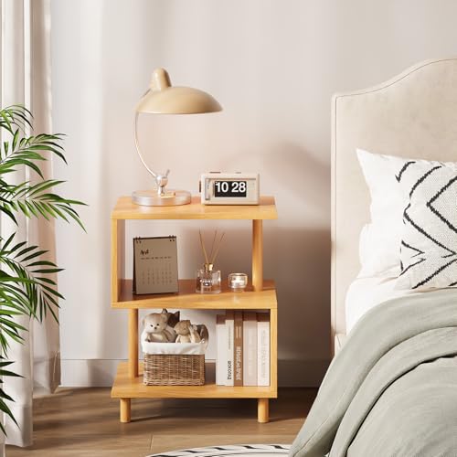 Apicizon S-Shaped Side Table, 3-Tier Nightstand with Solid Wood Legs, Slim Bedside Table with Storage Shelf, Modern End Table for Small Spaces, Bedroom, Living Room, Entryway, Natural - color: Natural