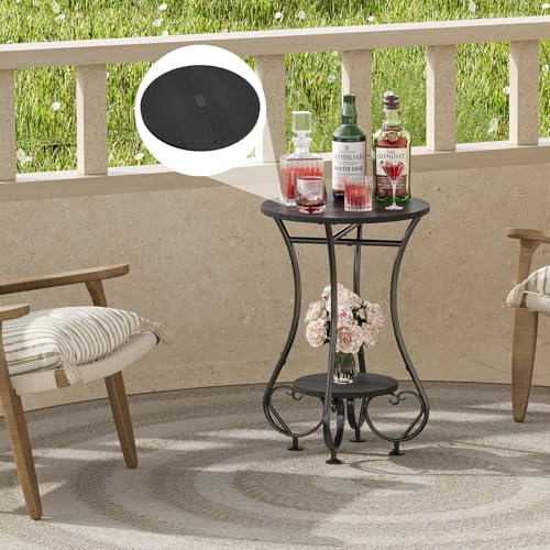 X-cosrack Small Round Side Table,Round End Table for Small Spaces - Black Metal Nightstand with Adjustable Feet,Couch Sofa Coffee Table,Retro Accent Table for Living Room Bedroom Balcony - color: Black Spliced Wood