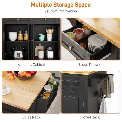 Squireewo 59" Kitchen Cart with Wood Top and Drop Leaf Breakfast Bar, Rolling Mobile Kitchen Island Table on Wheels with Drawer and Storage Cabinet, Spice Rack, Towel Rack, Black - size: 59"W