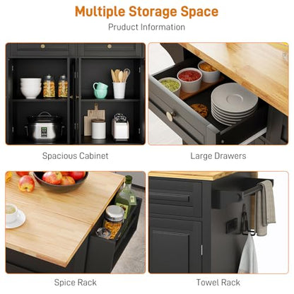 Squireewo 59" Kitchen Cart with Wood Top and Drop Leaf Breakfast Bar, Rolling Mobile Kitchen Island Table on Wheels with Drawer and Storage Cabinet, Spice Rack, Towel Rack, Black - size: 59"W