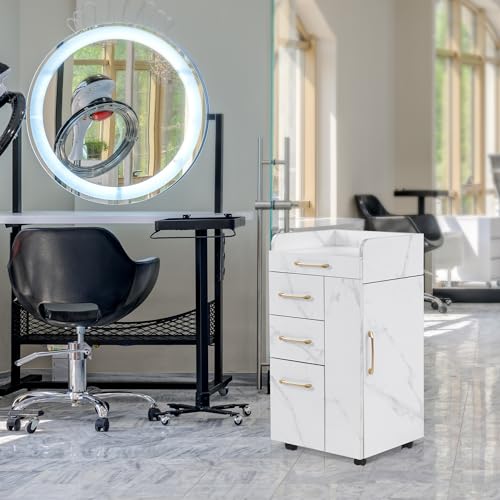 BarberPub Salon Trolley Cart with Lockable Wheels, Hair Styling Utility Rolling Cart for Storage DC2053 (White)