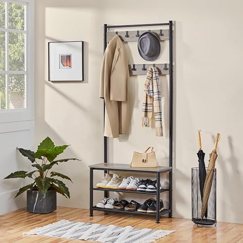 Yaheetech 3-in-1 Hall Tree Bench and Shoe Storage, Entryway Coat Rack, Gray | Easy setup, 275-lb metal-frame bench, 9 movable hooks, 2-tier shoe rack, fits narrow apartment entryways and hallways - color: Grey, size: 28.5'' W