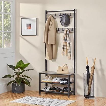 Yaheetech 3-in-1 Hall Tree Bench and Shoe Storage, Entryway Coat Rack, Gray | Easy setup, 275-lb metal-frame bench, 9 movable hooks, 2-tier shoe rack, fits narrow apartment entryways and hallways - color: Grey, size: 28.5'' W