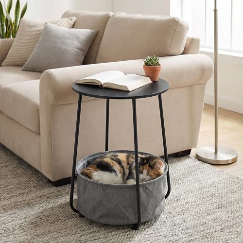 Modern Round Side End Table with Fabric Storage Basket, Matte White and Camel Brown, Contemporary Nightstand (Black) - color: Black